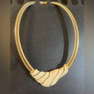 80’s Gold Tone Choker Necklace with Ivory Enamel Center